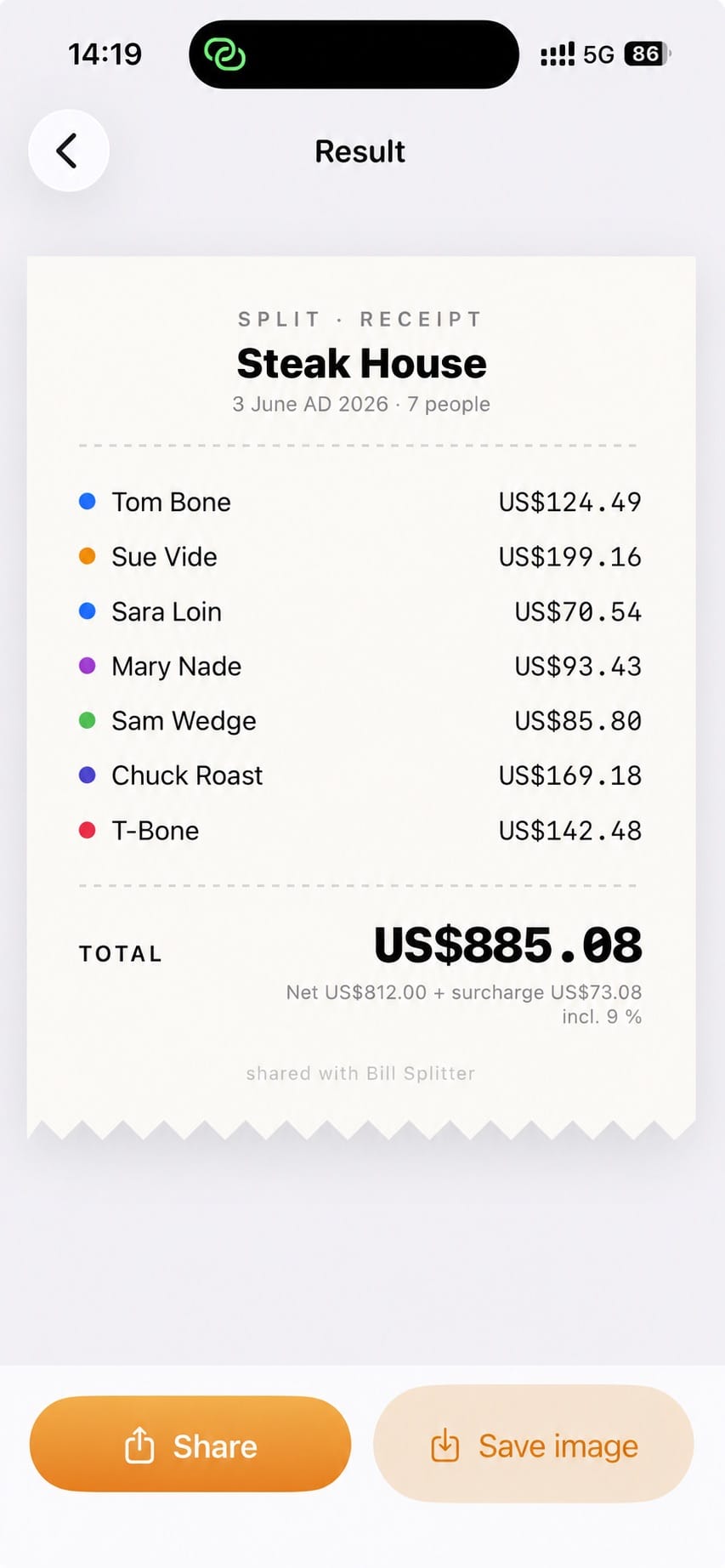 Result screen showing each person's share on a receipt